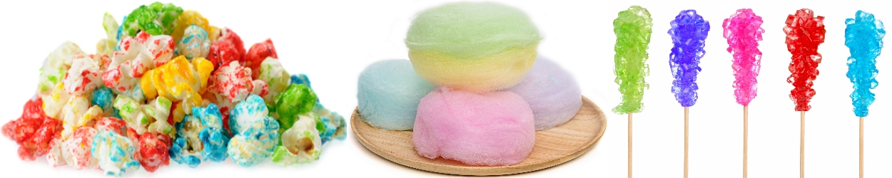 Dekorzucker, bunter Zucker, Farbzucker, Glitzerzucker oder Aromazucker, u.a. für Zuckerwatte oder Popcorn