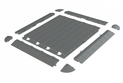 EXPO-floor ist ein modularer Zeltboden für unzählige Anwendungen und Lager-Konstruktionen.  Die Zeltboden-Platten sind schnell und einfach zu montieren, bei Bedarf können abgeschrägte Leisten an den  Außenkanten angebracht werden.